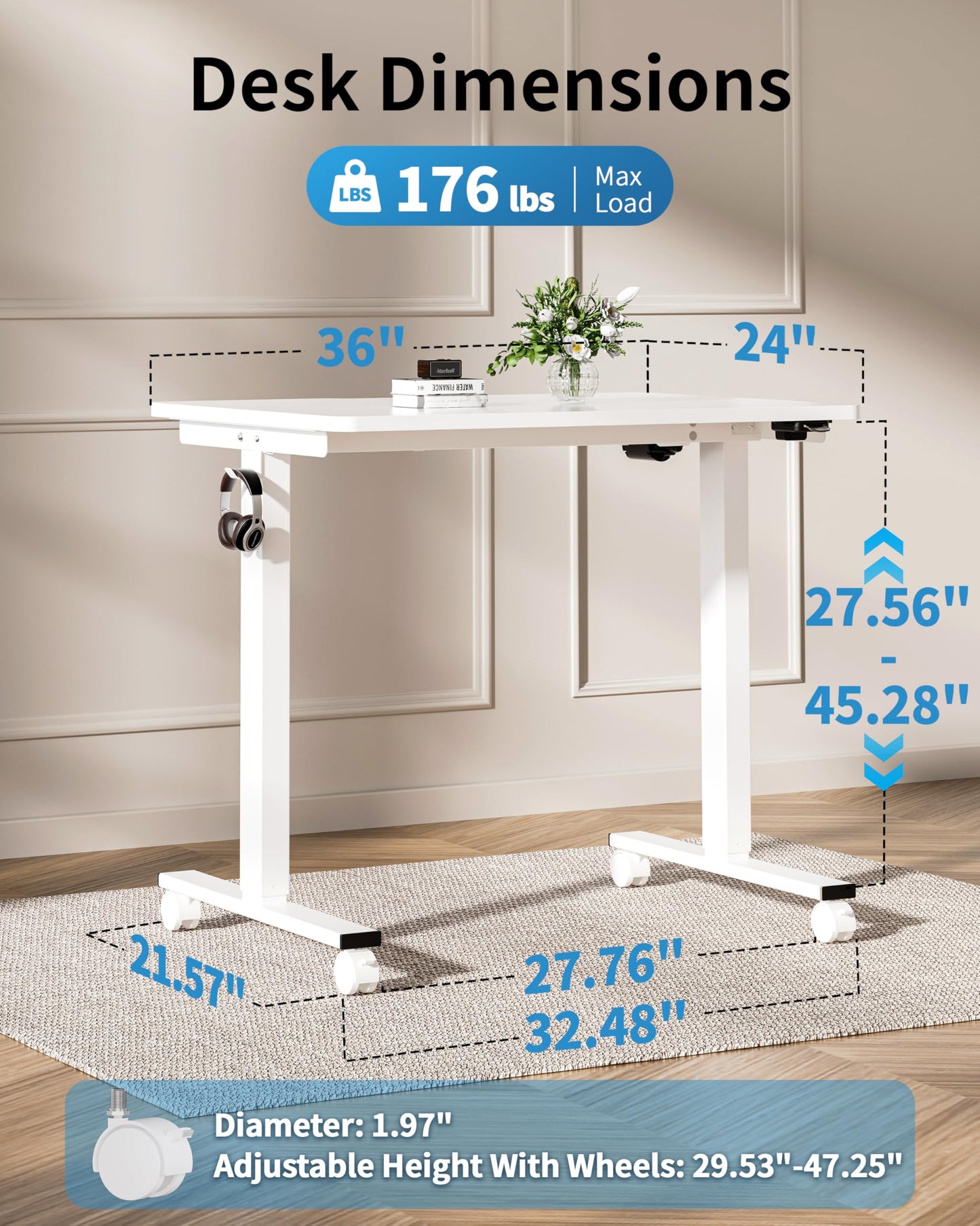 Okin Small Electric Standing Desk, 36" x 24" Whole Piece Height Adjustable Desk, Oak Sit to Stand Computer Workstation with Wheels for Home Office