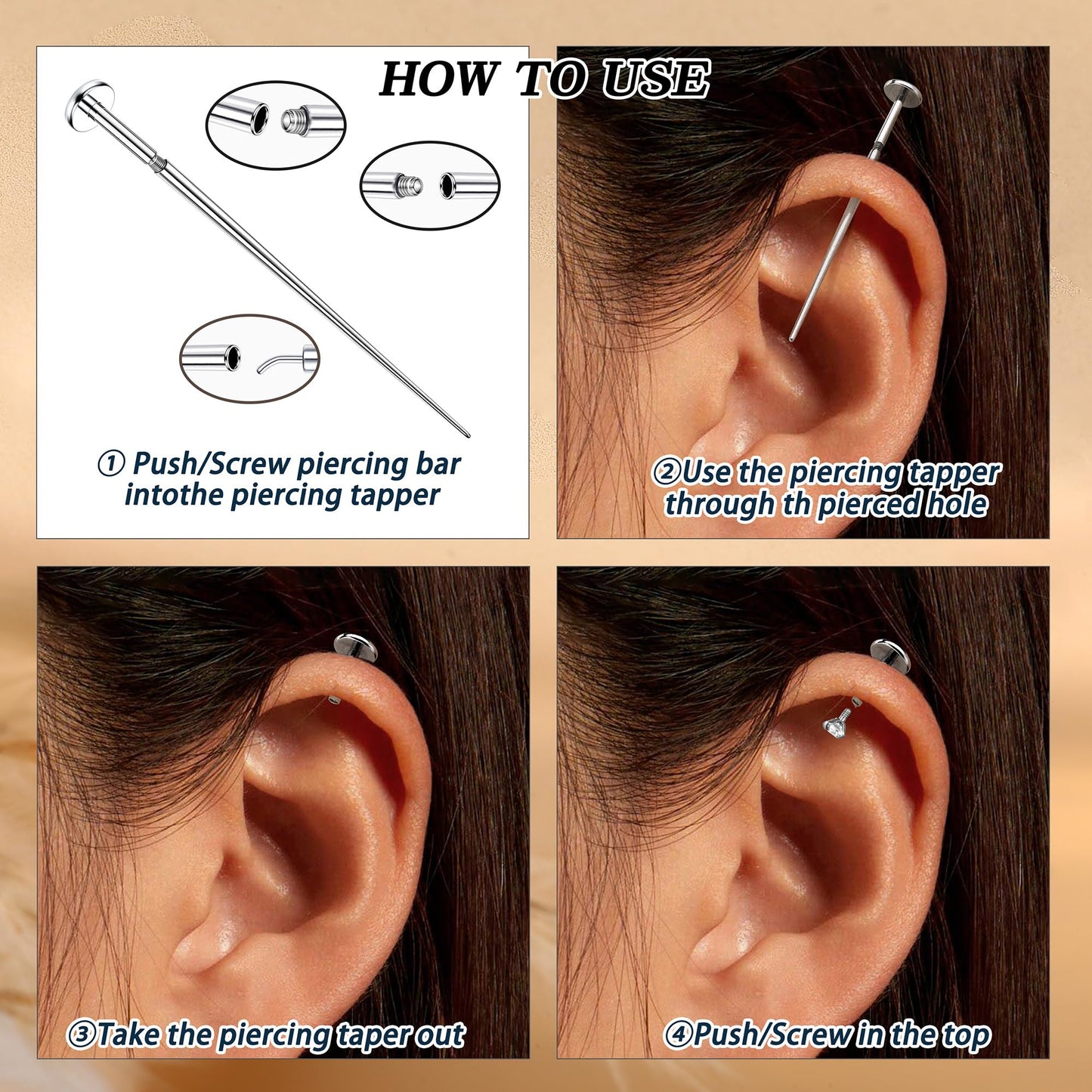 GEMQUEEN Piercing Taper Ball Grabber Tool for Changing Jewelry - 14G 16G 18G 20G Stainless Steel Flat Back Earrings Applicator Tool Threadless Insertion Pin Thread Body Piercing Kit for Ear Nose Lip
