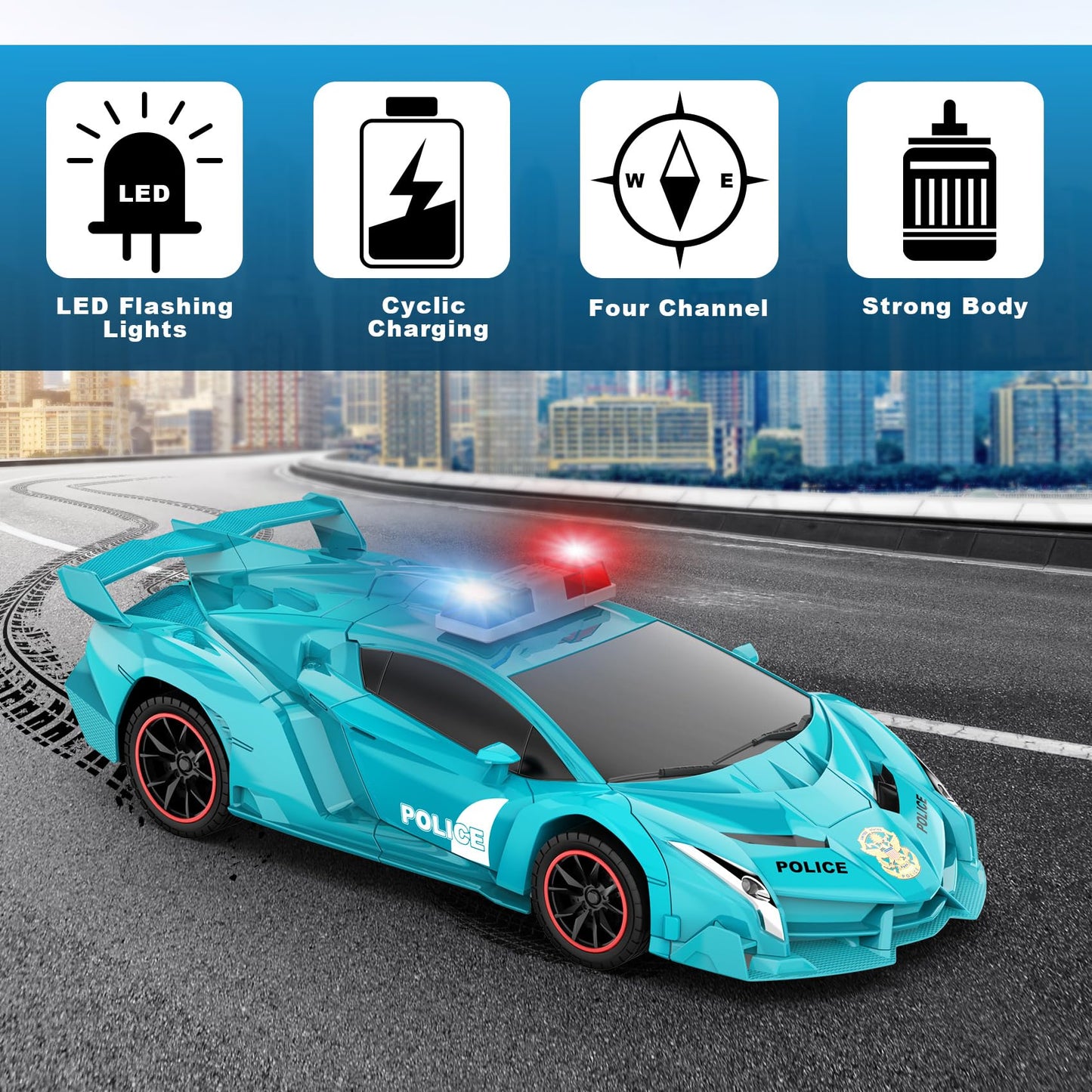 FDJ Remote Control Car - Transform Toys Car Robot, One Button Deformation to Robot with Flashing Light, 2.4Ghz 1:18 Scale Transforming Police Car Kids Toys with 360 Degree Rotating, Girls Boys Toys