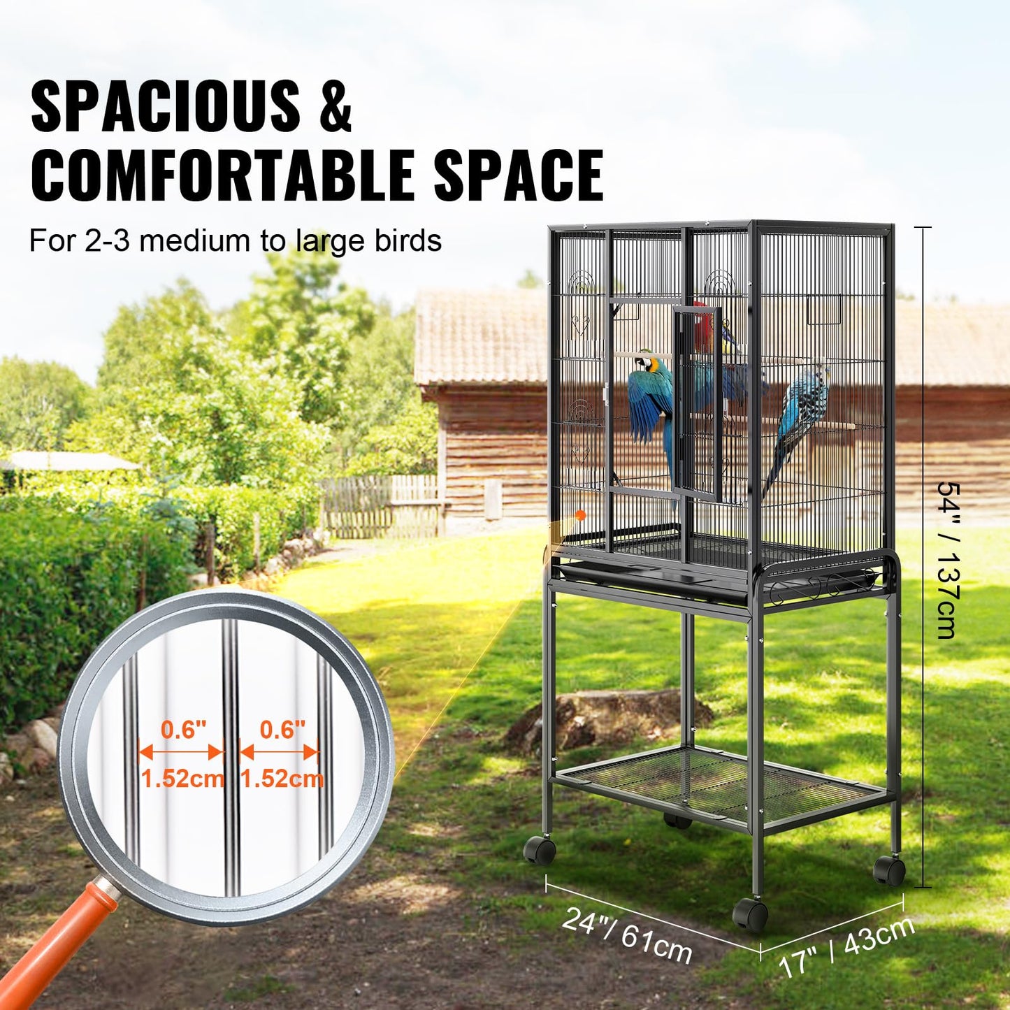 VEVOR Bird Cage, 24.6 x 16.7 x 53.9 inch, Flat Top, Wrought Iron Bird Flight Cage with Perches, Slide-Out Tray and Plastic Feeders, Casters, for Parrot, Blue Tit, Cockatiel, Canary, Budgerigar, Conure