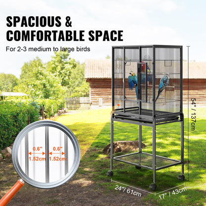 VEVOR Bird Cage, 24.6 x 16.7 x 53.9 inch, Flat Top, Wrought Iron Bird Flight Cage with Perches, Slide-Out Tray and Plastic Feeders, Casters, for Parrot, Blue Tit, Cockatiel, Canary, Budgerigar, Conure