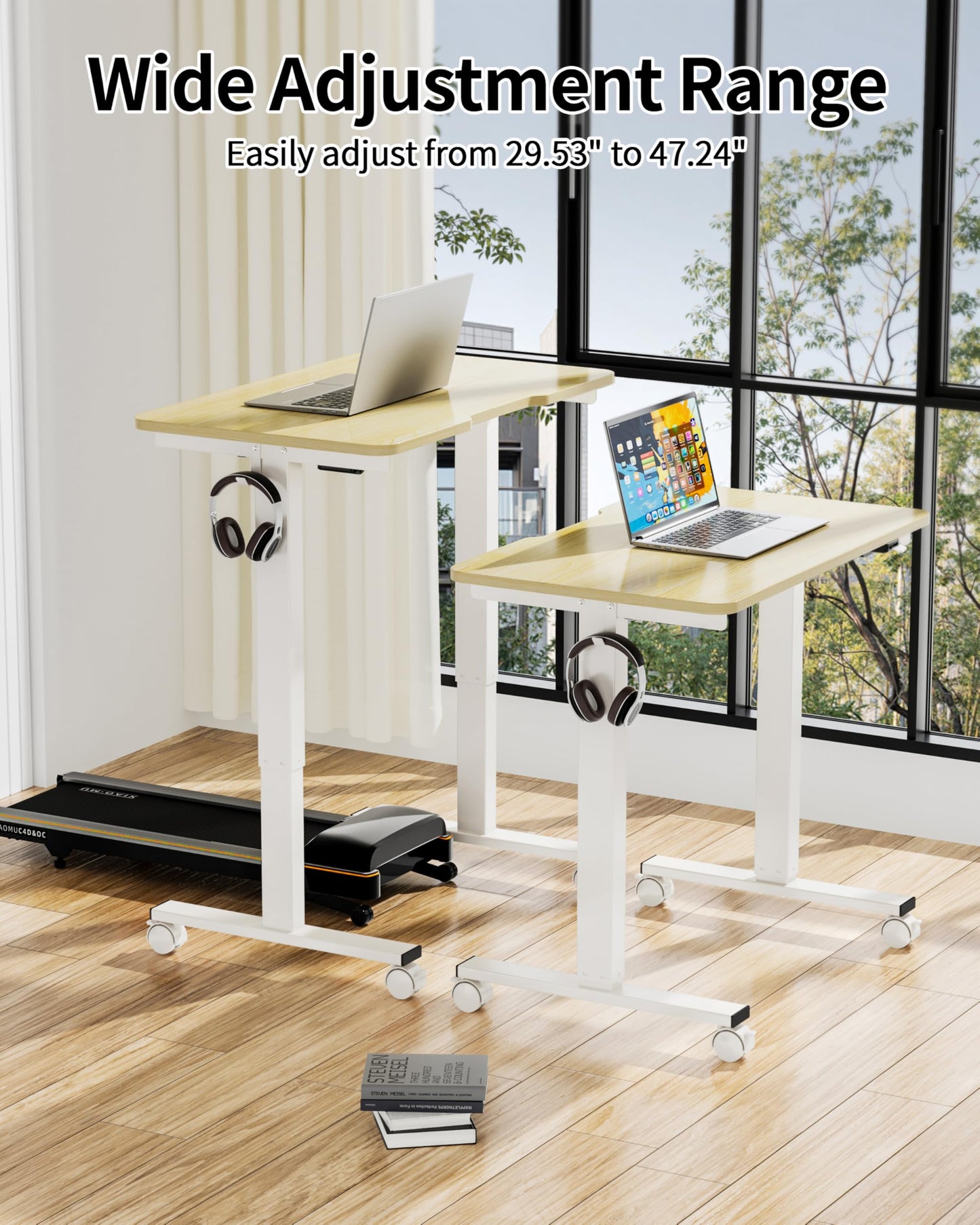 Okin Small Electric Standing Desk, 36" x 24" Whole Piece Height Adjustable Desk, Oak Sit to Stand Computer Workstation with Wheels for Home Office