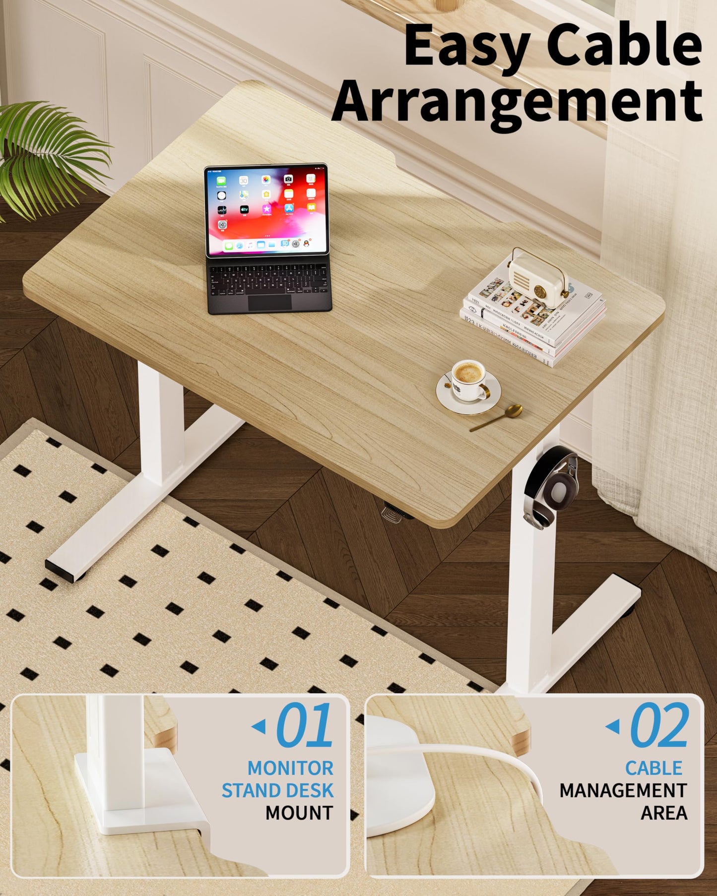 Okin Small Electric Standing Desk, 36" x 24" Whole Piece Height Adjustable Desk, Oak Sit to Stand Computer Workstation with Wheels for Home Office