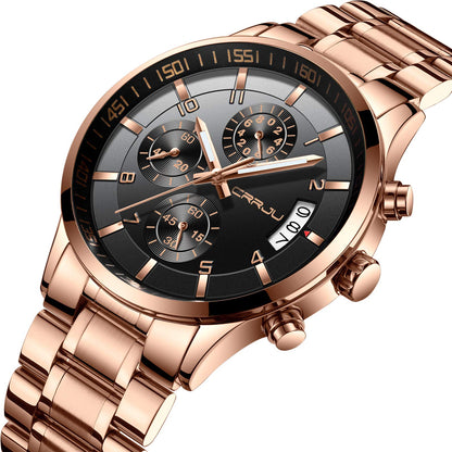 CRRJU Men's Fashion Stainless Steel Watches Date Waterproof Chronograph Wristwatches,Black Steel Band Waterproof Quartz Watch for Men