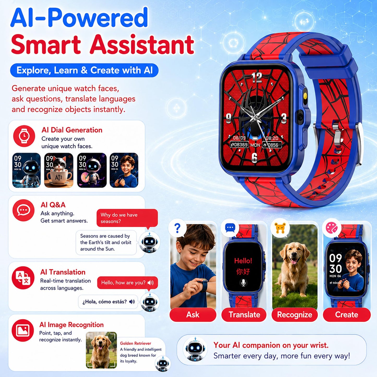 Smart Watch for Kids Boys Age 5-12, Ai Functions Games HD Touch Screen Watches with Video Camera Music Player Pedometer Heart Rate Sleep Tracker Christmas Birthday Gifts for Boys (Camouflage, 1.85")