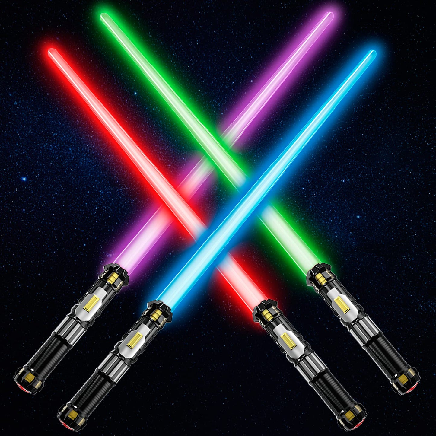 Cawiew 4 Pack Light up Sword with FX Sound (on-Off Control) and Full Retractable Handle, 4 Colors LED Glow in The Dark Toy for Kids Adult