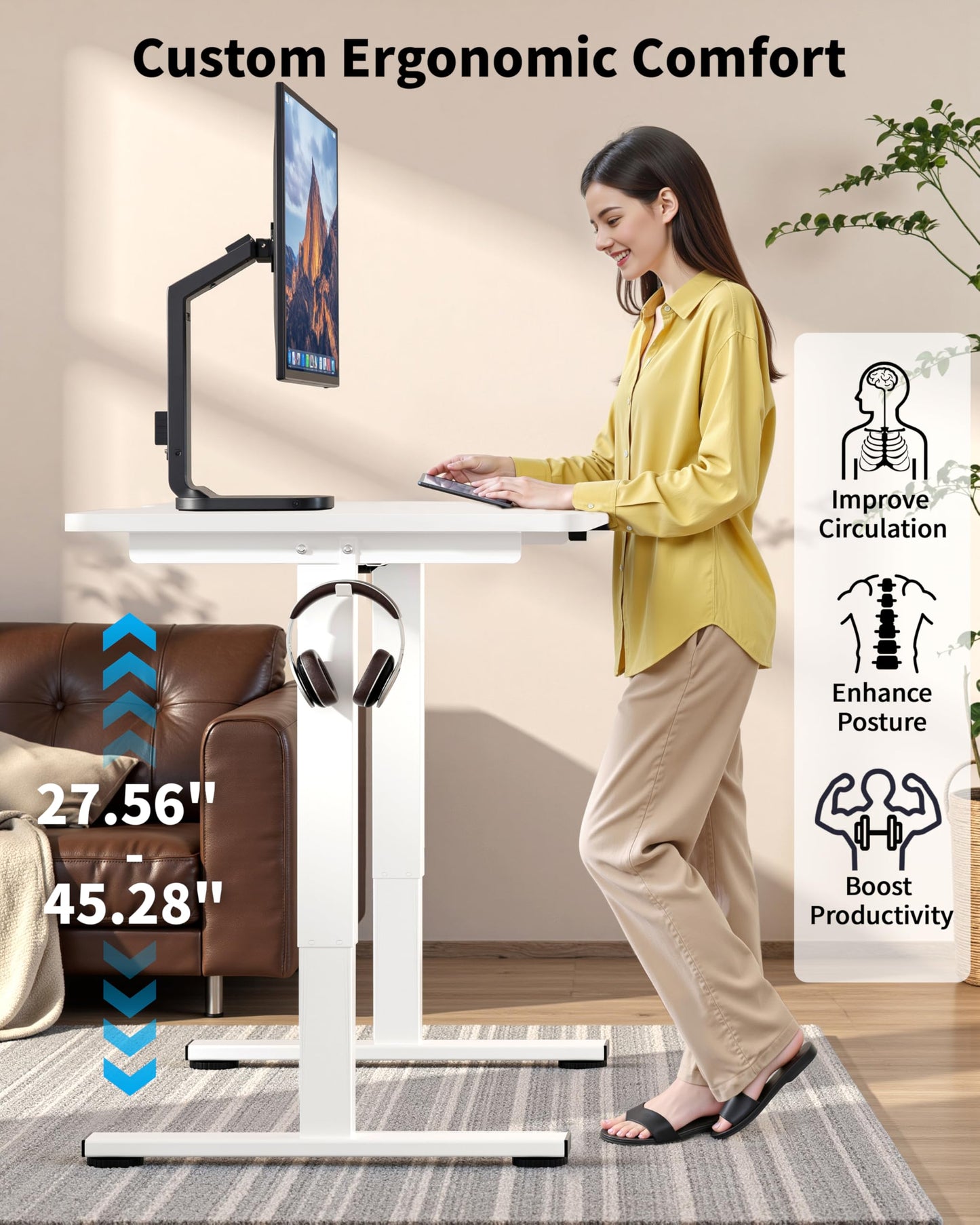Okin Small Electric Standing Desk, 36" x 24" Whole Piece Height Adjustable Desk, Oak Sit to Stand Computer Workstation with Wheels for Home Office