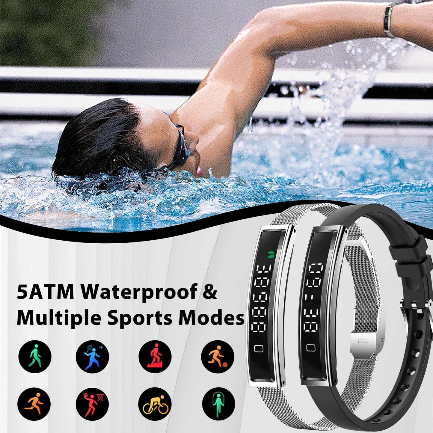 Smart Bracelet Fitness Health Tracker for Men Women with 2 Bands | 24/7 Heart Rate/Pressure Detection/Sleep Monitor, 5ATM Waterproof, Multiple Sport Modes, Android iOS Compatible