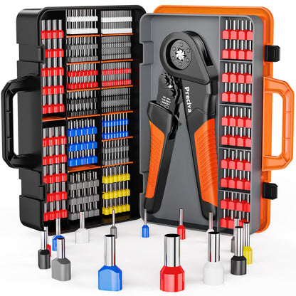 Preciva Ferrule Crimping Tool Kit - AWG 28-5 Hexagonal Ferrule Crimper with Automatic Wire Stripper and 1375Pcs Single/Twin Ferrule Connectors, Self-Adjustable Ratchet Ferrule Terminals Crimping Tool