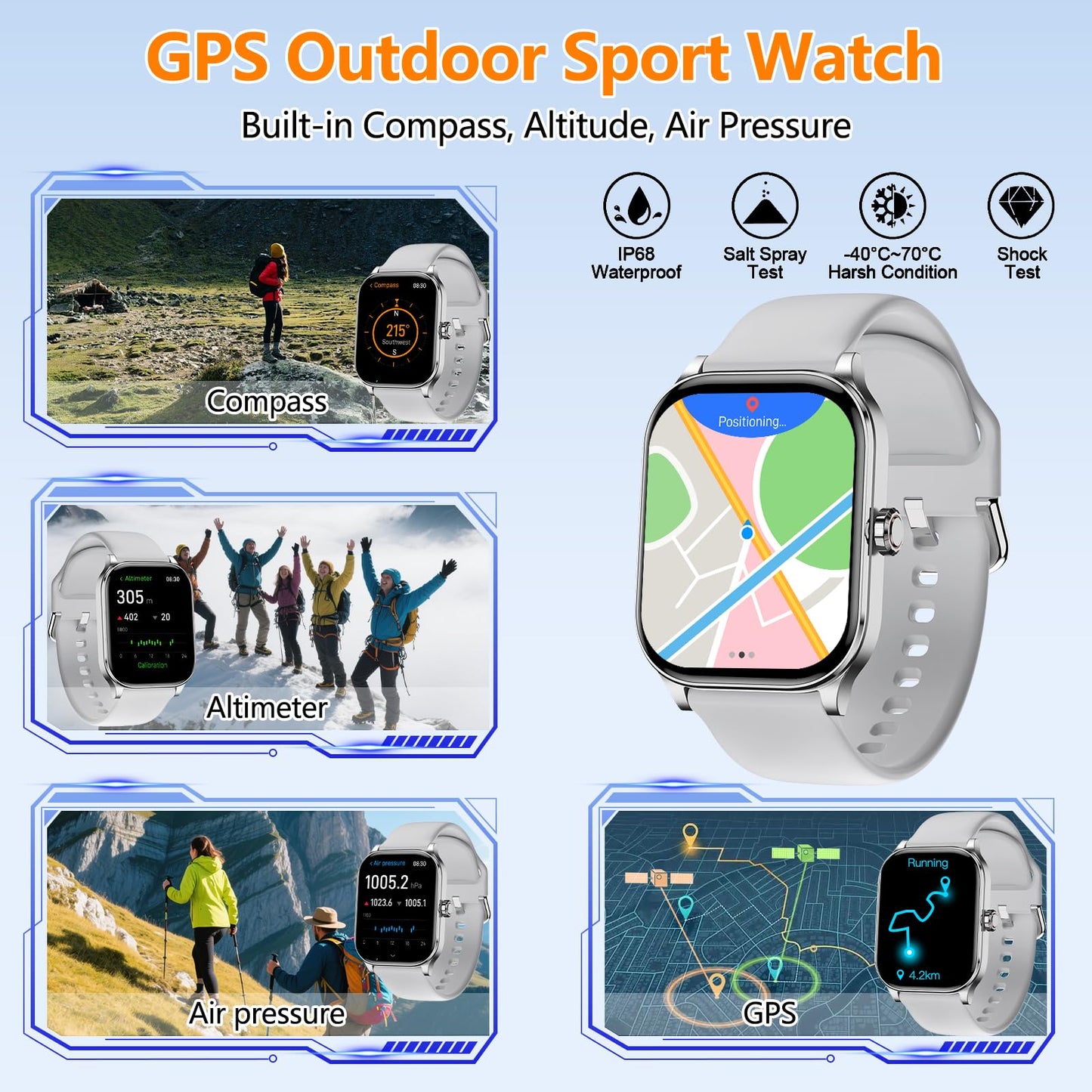 Smart Watch for Women Men, GPS Smartwatches with Heart Rate/SpO2/Sleep/Stress Monitor, 100+ Sports Fitness Watches, IP68 Waterproof Activity Tracker for Android/ iOS Phone (Silver, 1.96"_GPS+Map)