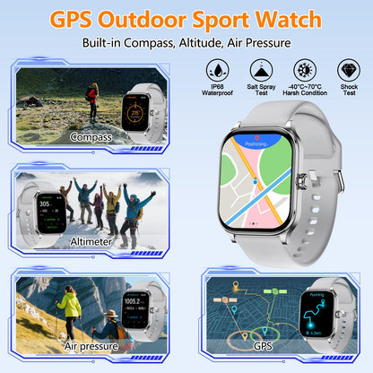 Smart Watch for Women Men, GPS Smartwatches with Heart Rate/SpO2/Sleep/Stress Monitor, 100+ Sports Fitness Watches, IP68 Waterproof Activity Tracker for Android/ iOS Phone (Silver, 1.96"_GPS+Map)