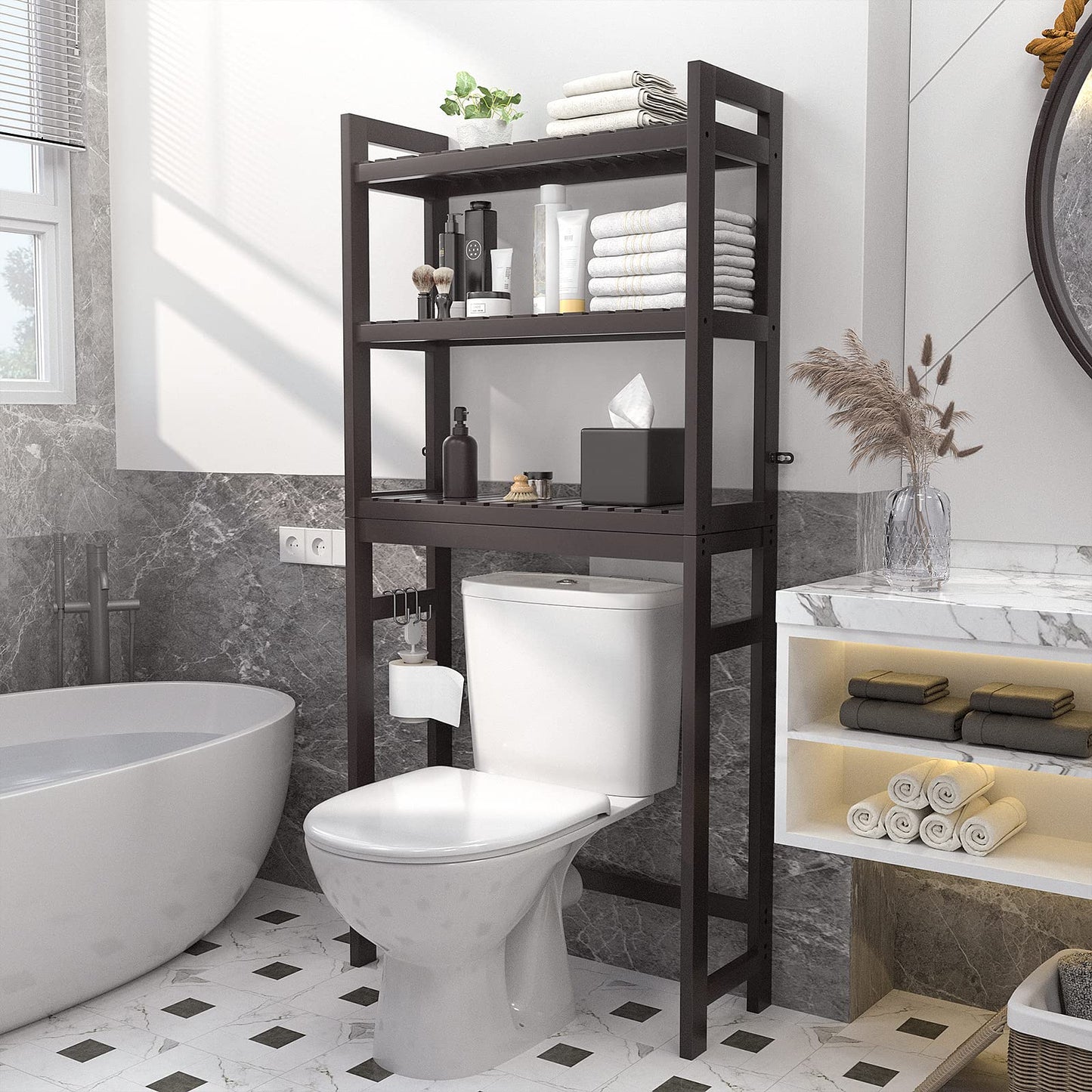 Homykic Over The Toilet Storage, Bamboo Over Toilet Bathroom Organizer Rack, Freestanding Bathroom Shelves Above Toilet Storage with 3 Hooks, Bathroom Space Saver, No Rust, Easy to Assemble, White