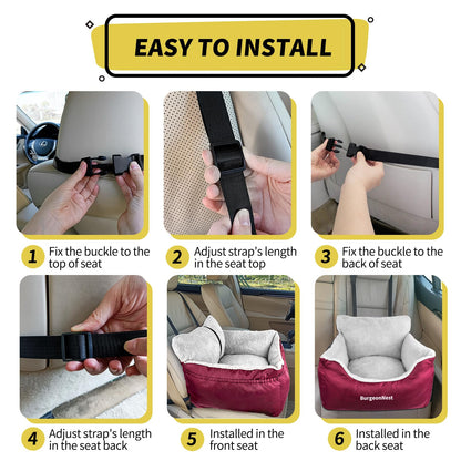 BurgeonNest Dog Car Seat for Small Dogs, Soft Pet Car Travel Home Bed Under 25 lbs, Fully Detachable and Washable Cat Booster Carseats with Storage Pockets and Clip-On Leash Portable Carrier,Black