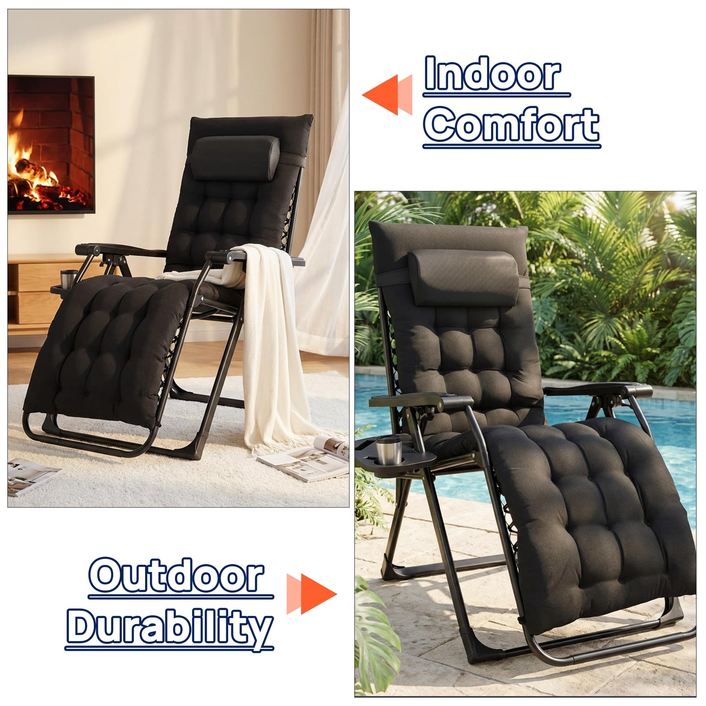 Alpen Zero Gravity Lounge Chair Set of 2, Patio Chair Folding Lounge Chairs for Outside, Portable Camping Chairs with Pillow and Cup Holder, Outdoor Recliner for Beach Outdoor Camping, Black