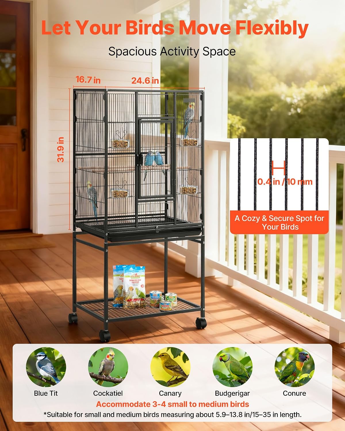 VEVOR Bird Cage, 24.6 x 16.7 x 53.9 inch, Flat Top, Wrought Iron Bird Flight Cage with Perches, Slide-Out Tray and Plastic Feeders, Casters, for Parrot, Blue Tit, Cockatiel, Canary, Budgerigar, Conure