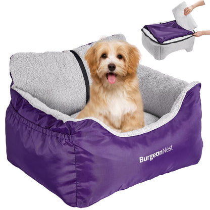 BurgeonNest Dog Car Seat for Small Dogs, Soft Pet Car Travel Home Bed Under 25 lbs, Fully Detachable and Washable Cat Booster Carseats with Storage Pockets and Clip-On Leash Portable Carrier,Black