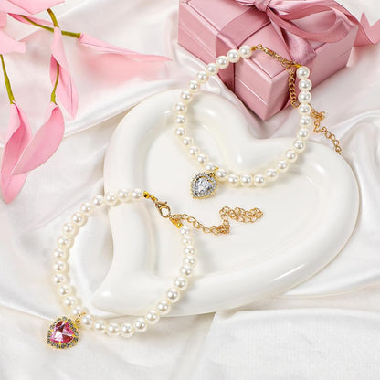 Tyqour 2pcs Cute Girl Cat Collar, Pearl Cat Dog Collar with Small Heart Shape Rhinestone for Small Dogs and Cats Adjustable Fancy Dog Pearl Necklace Collars, Pink Heart + White Heart