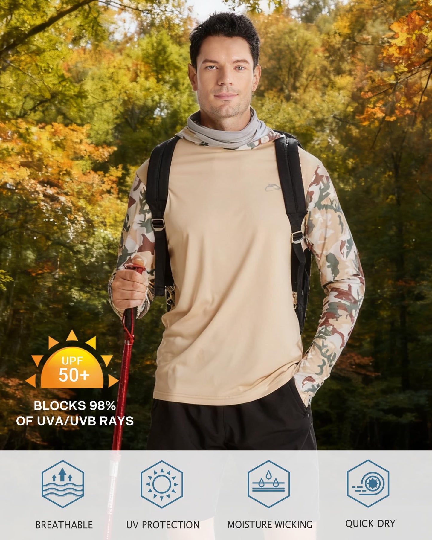 FISHEAL Men's Performance Fishing Hoodie Shirt - UPF 50+ UV Sun Protection Long Sleeve Shirts with Mesh Face Mask