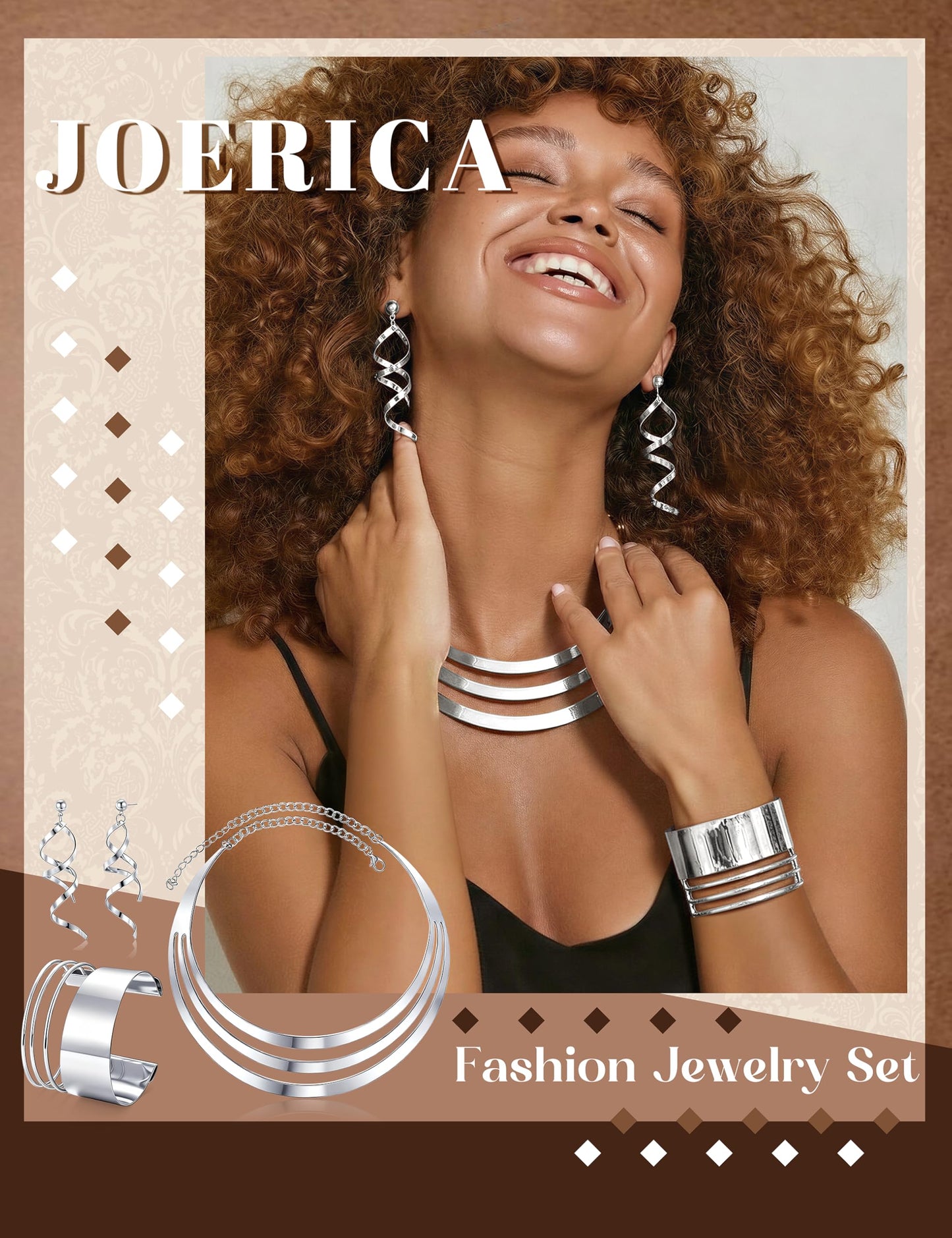 JOERICA Bib Choker Necklace Set for Women Wide Cuff Bangle Bracelets Long Statement Dangle Earrings African Costume Jewelry Set