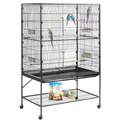 VEVOR Bird Cage, 24.6 x 16.7 x 53.9 inch, Flat Top, Wrought Iron Bird Flight Cage with Perches, Slide-Out Tray and Plastic Feeders, Casters, for Parrot, Blue Tit, Cockatiel, Canary, Budgerigar, Conure