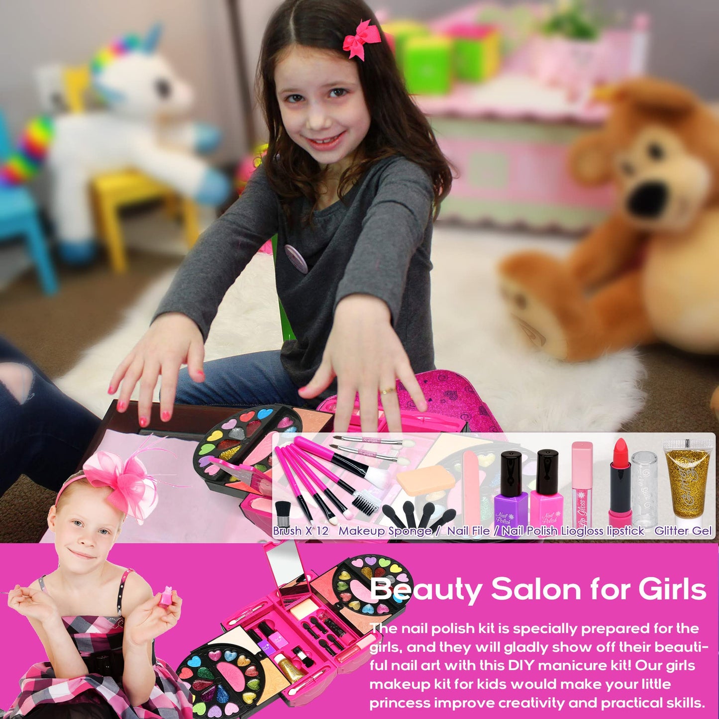 Kids Makeup Kit for Girl - 52 PCS Safe and Washable Makeup for Kids, Real Girls Makeup Kit, Toddler Makeup Kit with Cosmetic Case, Girls Toys Age 4-12, Princess Toys Birthday Gifts for Girls