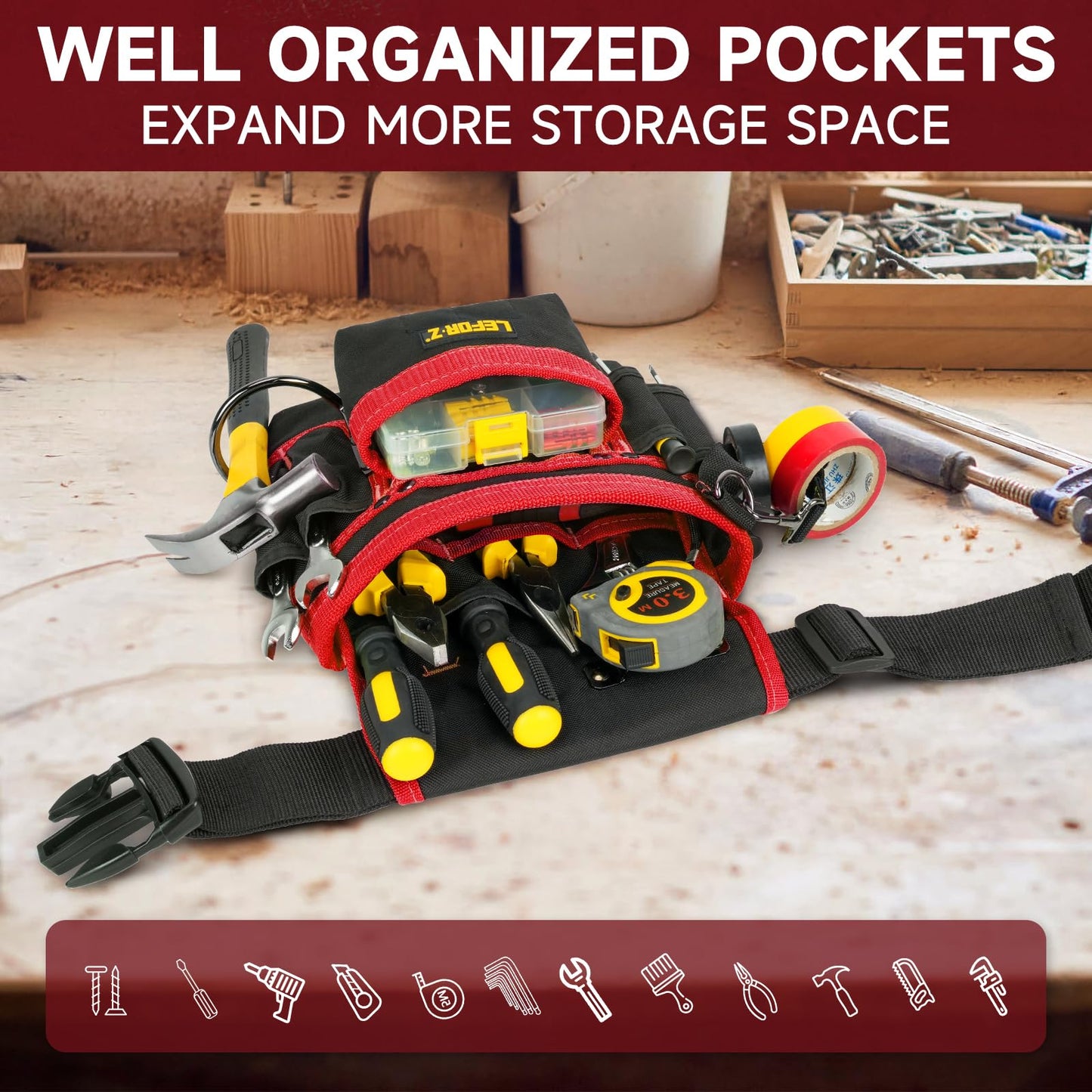 Tool Belt,Magnetic Tool Pouch,14-Pockets Tool Belts for Men,Detachable & Adjustable Tool Pouch belt for Electrician,Carpenter,Construction,Work Apron,Utility Belt,Black-Yellow