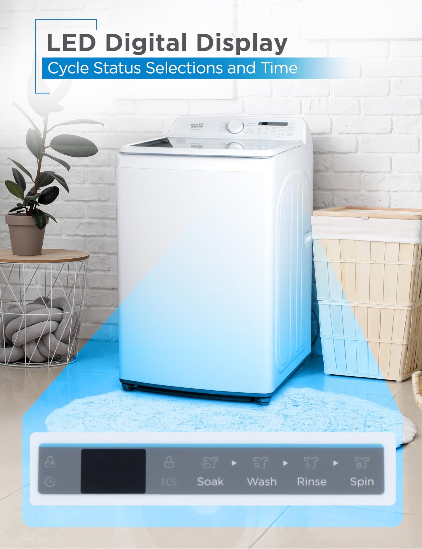 BLACK+DECKER 0.9 Cu. Ft. Portable Washer, 6.6 lb. Capacity Washing Machine for Homes & Apartments, 5 Wash Cycles, Quick Connect Sink Adapter and Drain Hose Included, LED Display, BPWM09W, White