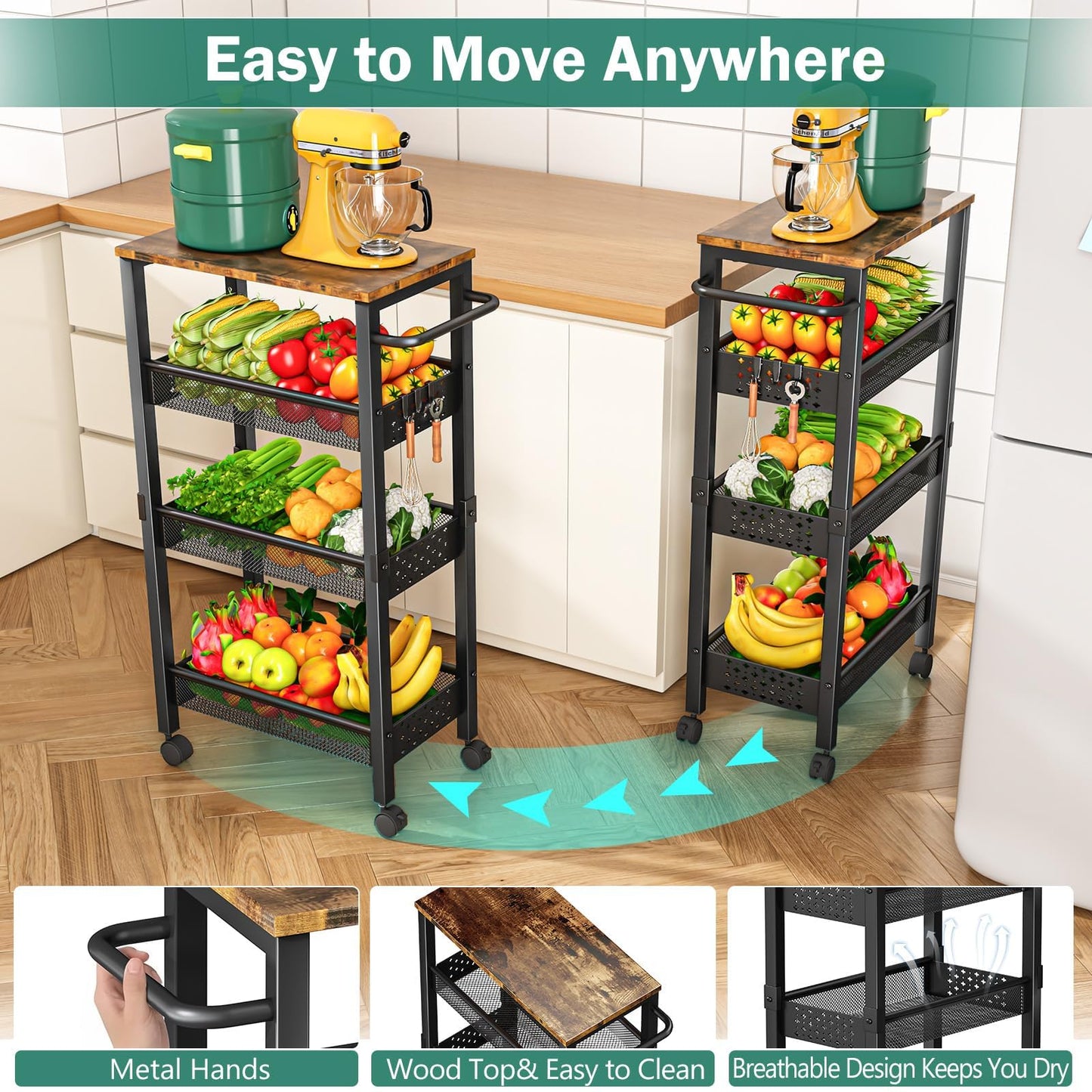 Vivihomety Utility Slim Storage Cart with Wheels, 4 Tier Small Rolling Cart with Wood Top, Metal Kitchen Bathroom Laundry Room Organization Trolley with Handle for Narrow Space – Black