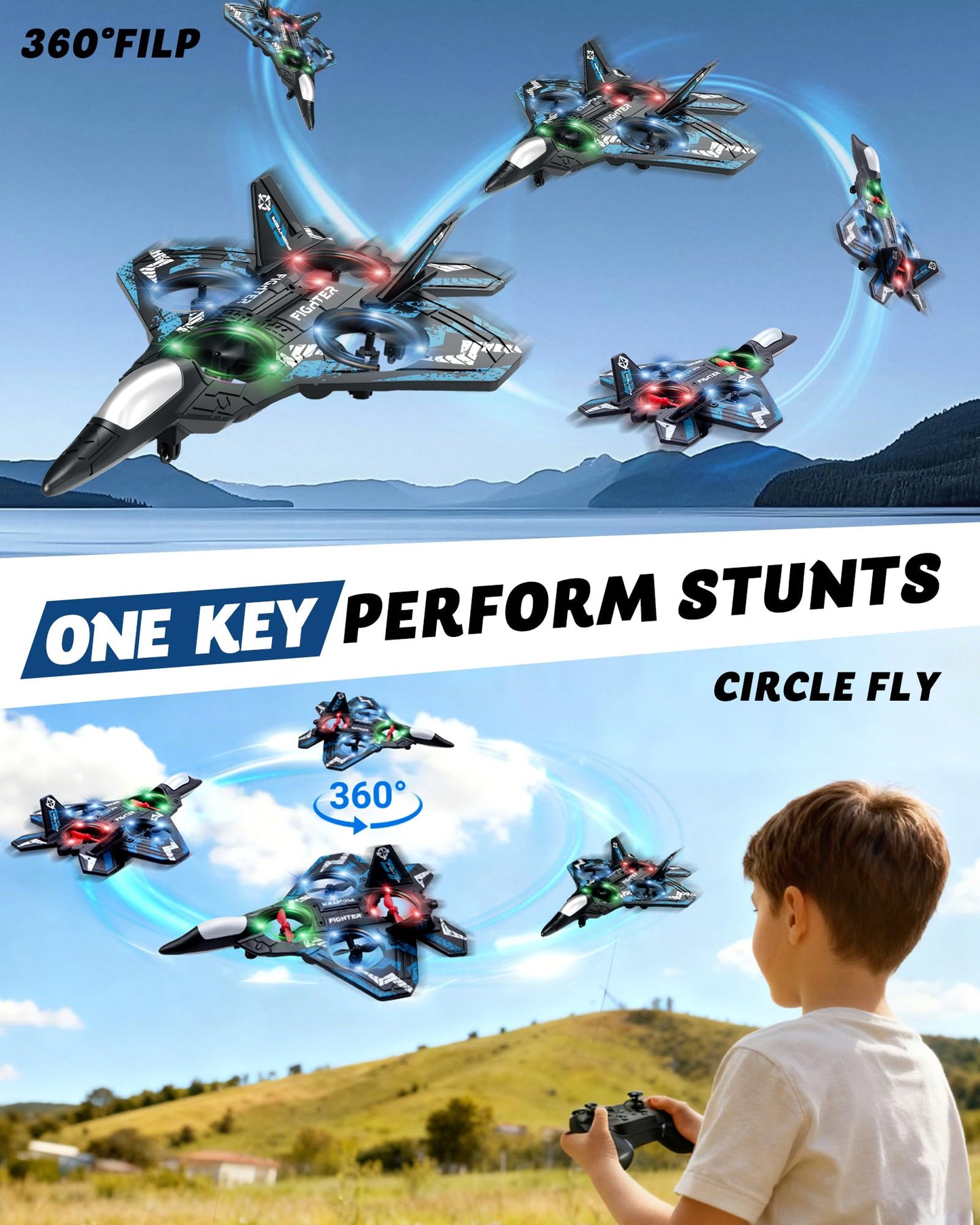 JoyRapt Form RC Plane Drones for Kids, Remote Control Airplane, Aircrafts for Boys and Girls, Jet Helicopter Drones with LED Lights 360° Flip, 4 Rechargeable Batteries (Two Pack)