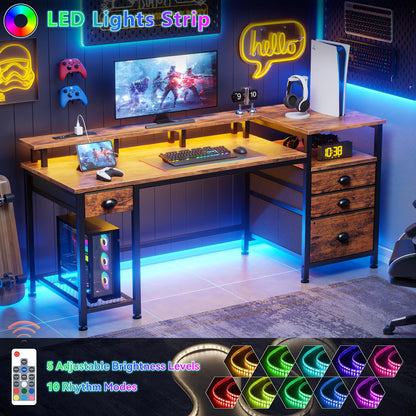 Furologee 60" Black Computer Desk with 4 Drawers and Printer Space, Gaming Desk with LED Lights and USB Power Outlets, Home Office Desk with Fabric File Cabinet,Study Work Table with Shelf for Bedroom