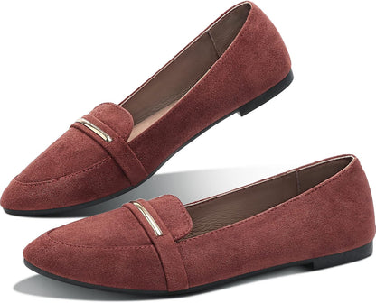 Obtaom Women's Pointy Toe Loafer Flat Comfortable Faux Suede Work Shoes,Cute Penny Loafer Slip On Ballet Flat