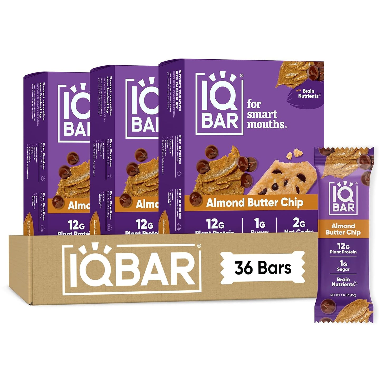 IQBAR Clean Plant Protein Bars, Almond Butter Chip 12-Count | Protein Snack | High Fiber, High Protein, Low Sugar, Clean Label Project Certified | Gluten Free, Dairy Free, Vegan, Keto, Soy Free