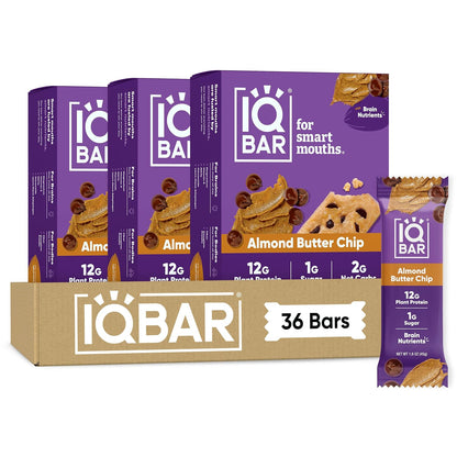 IQBAR Clean Plant Protein Bars, Almond Butter Chip 12-Count | Protein Snack | High Fiber, High Protein, Low Sugar, Clean Label Project Certified | Gluten Free, Dairy Free, Vegan, Keto, Soy Free