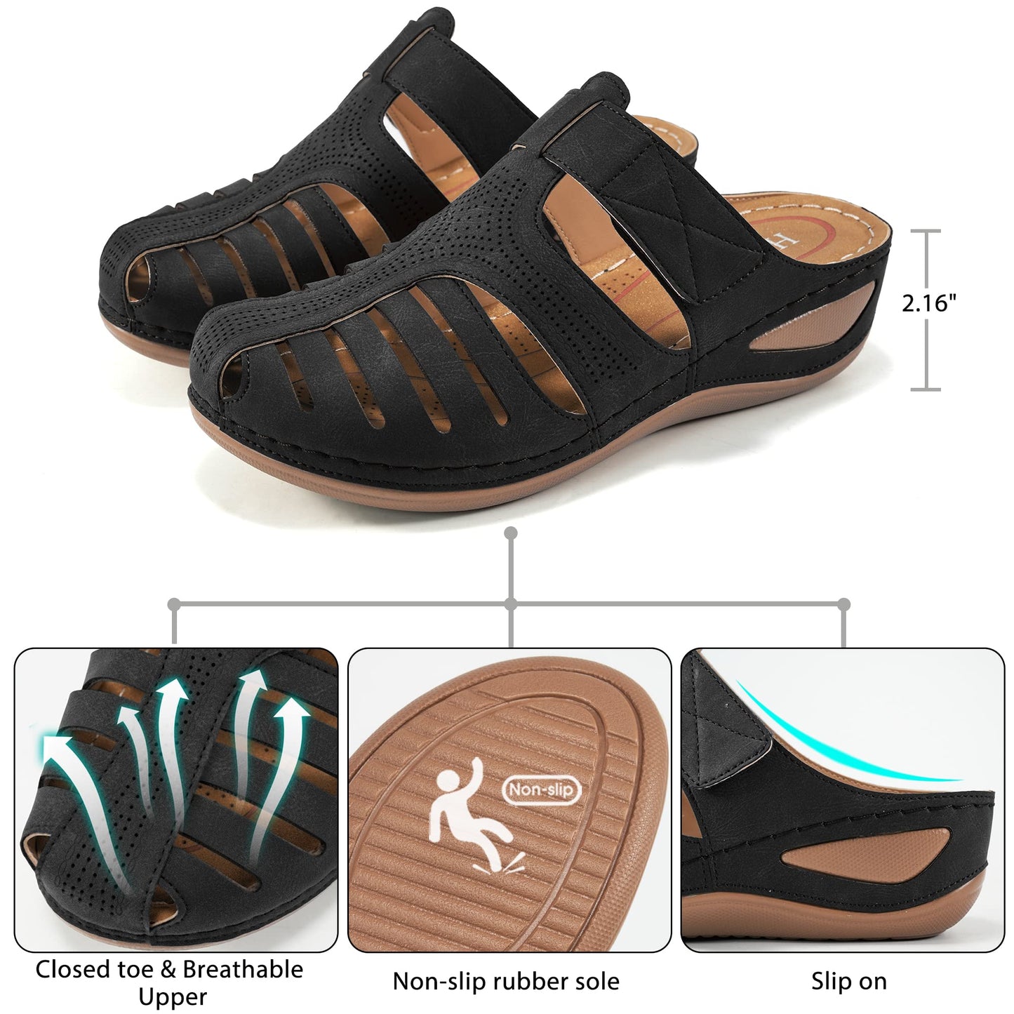 HARENCE Clogs for Women Mules Shoes: Comfortable Dressy Closed Toe Platform Sandals 2026 Summer Casual Adjustable Slip On Walking Wedges