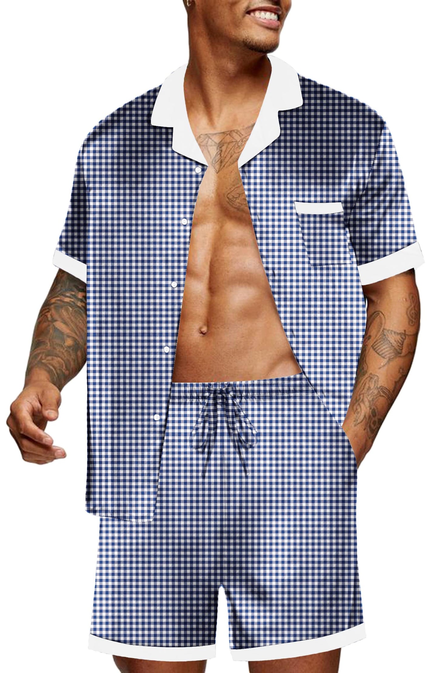 Ekouaer Men Satin Silk Pajamas Set with Pockets Sleepwear Shorts Satin Summer Loungewear 2 Piece Button Down Set S-3XL