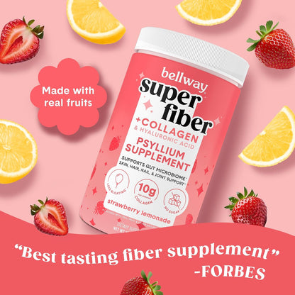 Bellway Super Fiber Powder + Collagen, Sugar-Free Psyllium Husk Powder with Collagen Peptides and Hyaluronic Acid for Gut Health, Healthy Skin, Nails, Bones & Joints, Strawberry Lemonade (20 Servings)