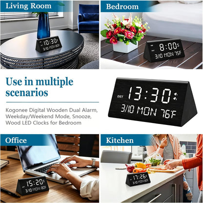 Kogonee Wooden Digital Alarm Clock, 0-100% Dimmer, 2 Alarm Settings, Weekday/Everyday Mode, 9 Mins Snooze, 12/24H, Temperature and Date Display for Office, Travel, Bedroom Alarm Clock (Brown)