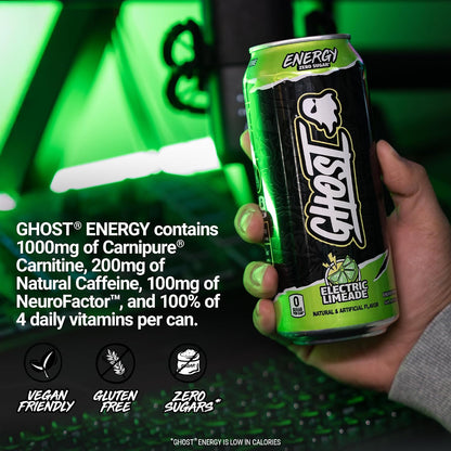 GHOST Energy Drink, Zero Sugars, 12-Pack, Cherry Limeade, 16oz | Energy & Focus Pre Workout Drink, No Artificial Colors, Gluten-Free, Vegan - 200MG Natural Caffeine, L-Carnitine, Taurine