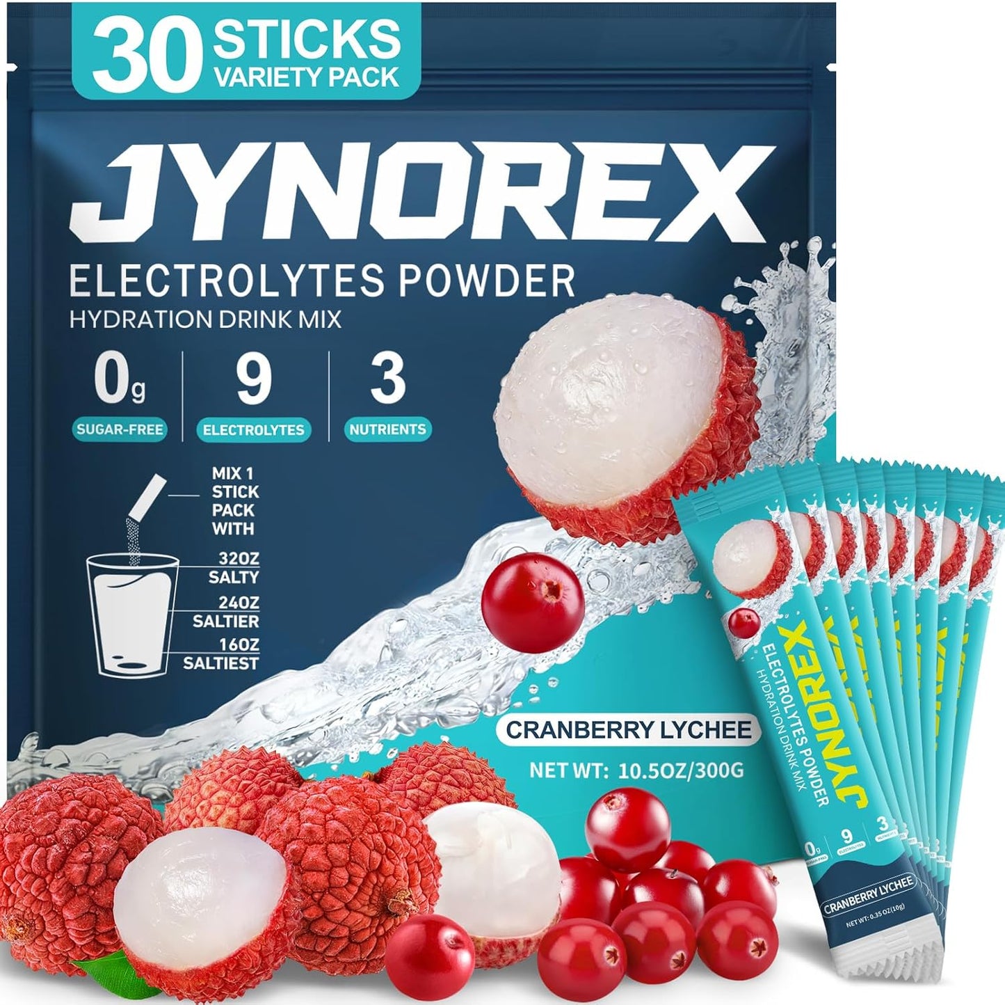 Electrolytes Powder Packets Sugar Free, 30 Sticks High Sodium Hydration Packets, Electrolyte Drink Mix with Lemon Lime Watermelon Peach Berry Kiwi Tropical Punch Lychee Cranberry, 10.5OZ