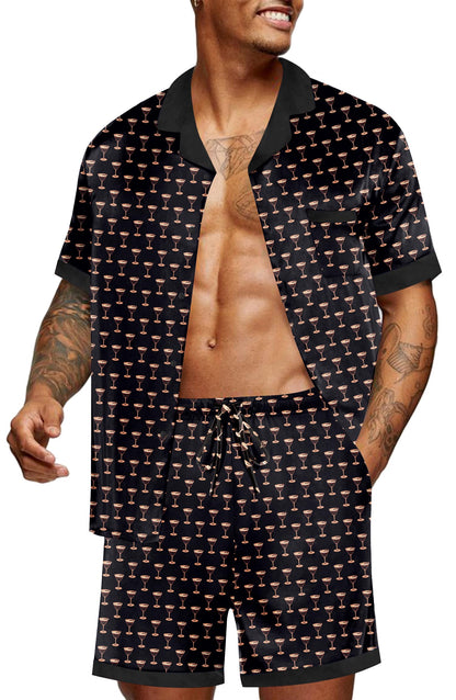 Ekouaer Men Satin Silk Pajamas Set with Pockets Sleepwear Shorts Satin Summer Loungewear 2 Piece Button Down Set S-3XL