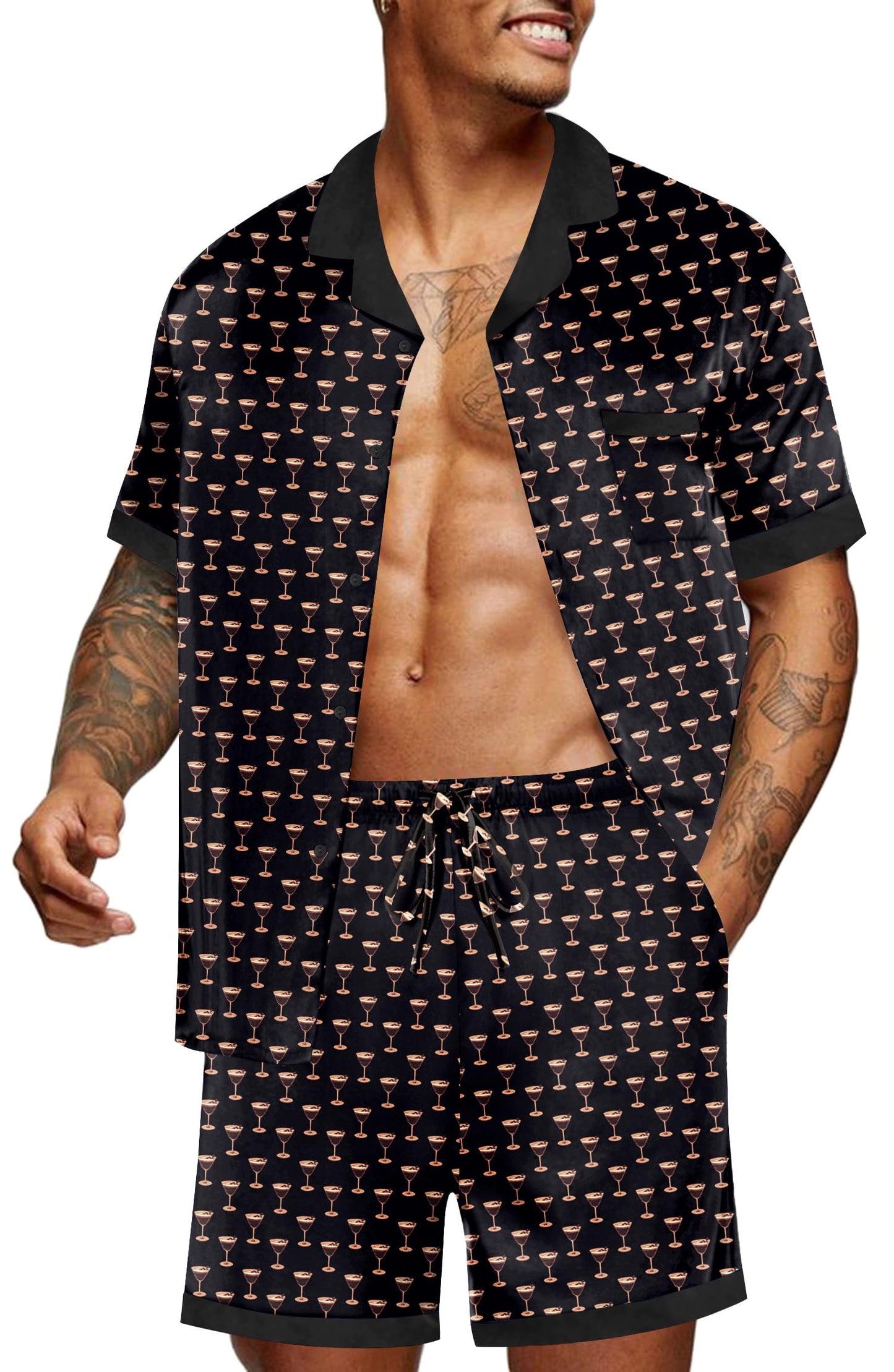 Ekouaer Men Satin Silk Pajamas Set with Pockets Sleepwear Shorts Satin Summer Loungewear 2 Piece Button Down Set S-3XL