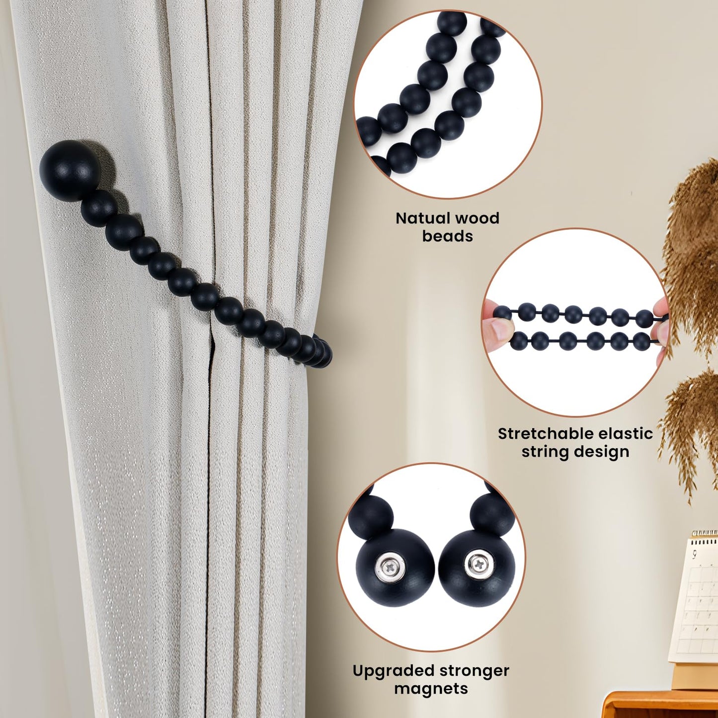 KLOGTSIND Magnetic Curtain Tiebacks, Curtain Holdbacks for Curtains 2 Pack, Wood Bead Curtain Holders for Boho Bedroom Decor, Baby Nursery Decor, Farmhouse Decor