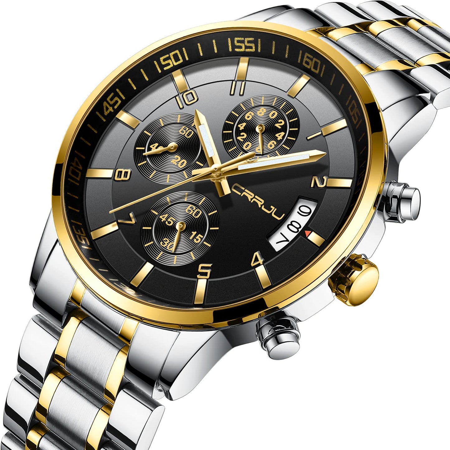 CRRJU Men's Fashion Stainless Steel Watches Date Waterproof Chronograph Wristwatches,Black Steel Band Waterproof Quartz Watch for Men