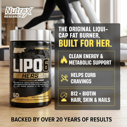 Lipo-6 Black Hers Ultra Concentrate | Weight Loss Pills for Women | Fat Burner, Appetite Suppressant, Metabolism Booster for Weight Loss + Hair, Skin, & Nails Support | 60 Diet Pills