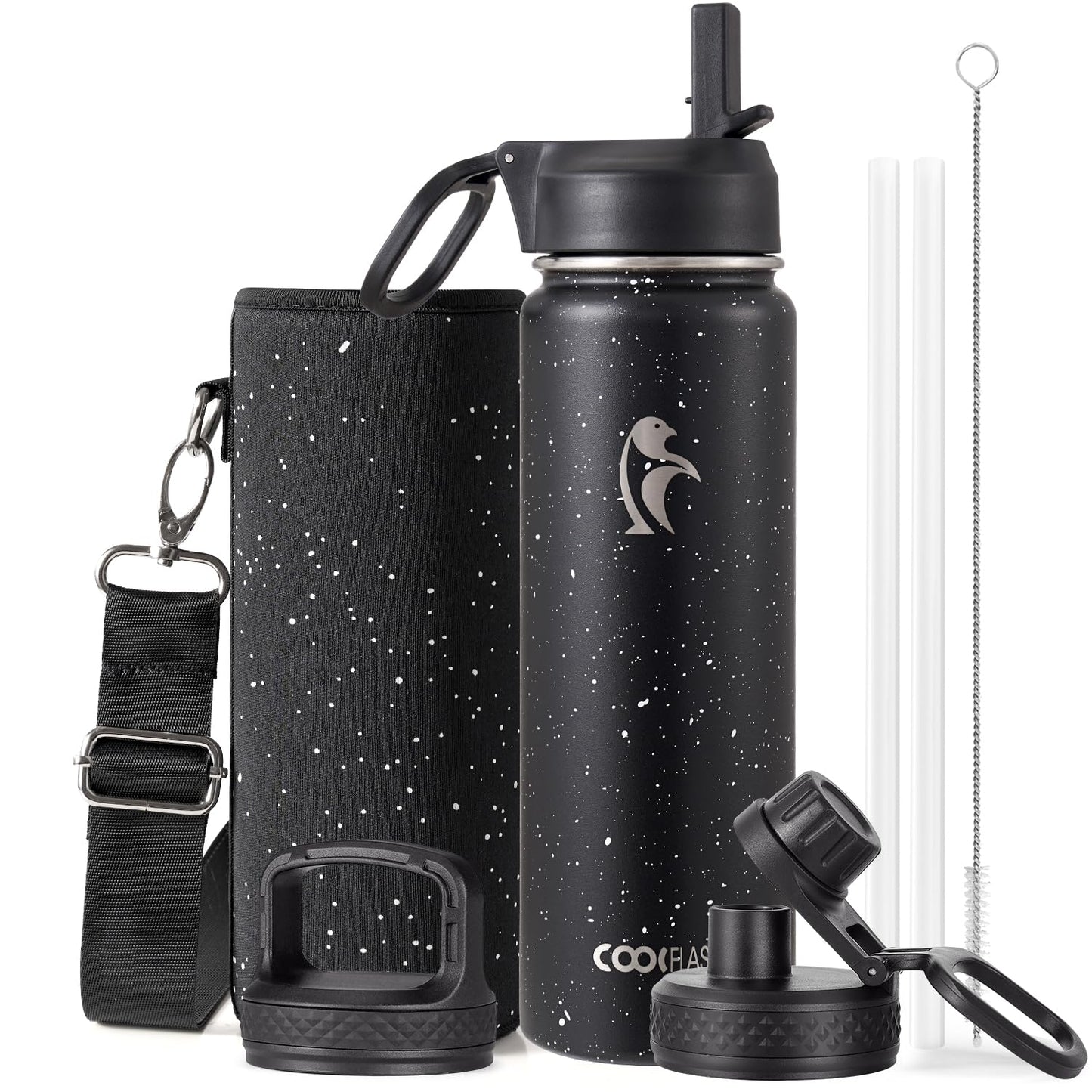 Half Gallon Water Bottle Insulated with Straw & 3 Lids, Coolflask 64 oz Water Jug Large Metal Stainless Steel Wide Mouth for Sports, Gym or Office, Non-BPA Keep Cold 48H Hot 24H, Samurai Cyan