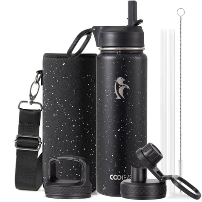 Half Gallon Water Bottle Insulated with Straw & 3 Lids, Coolflask 64 oz Water Jug Large Metal Stainless Steel Wide Mouth for Sports, Gym or Office, Non-BPA Keep Cold 48H Hot 24H, Samurai Cyan