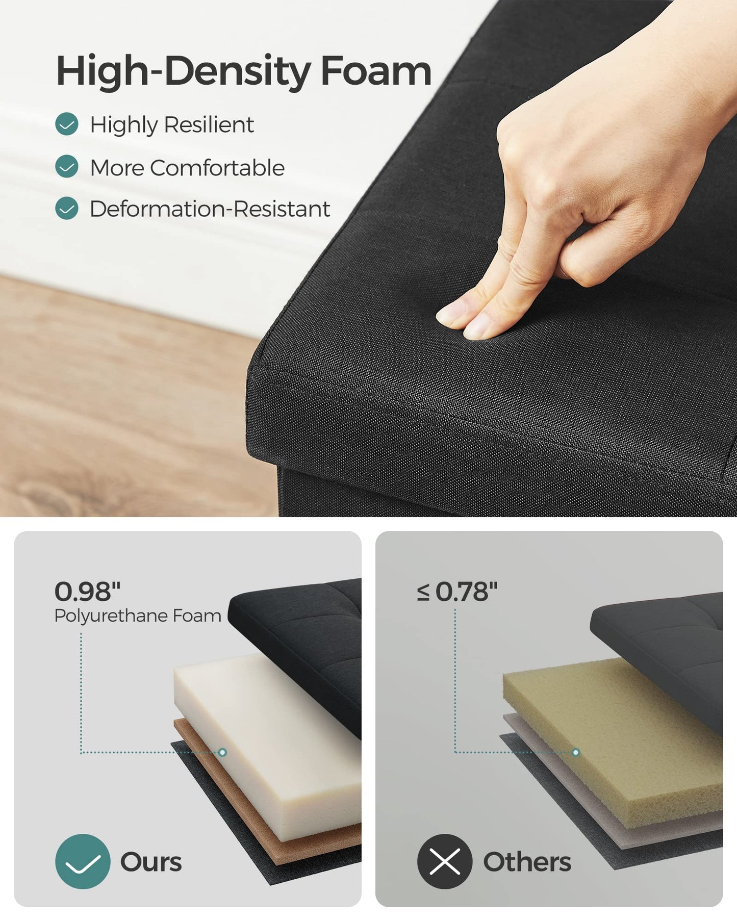 SONGMICS MAZIE Collection - 30 Inches Folding Storage Ottoman Bench, Ottoman Foot Rest, End of Bed Bench, Storage Chest, Load 660 lb, for Living Room, Bedroom, Entryway, Dark Gray ULSF47K