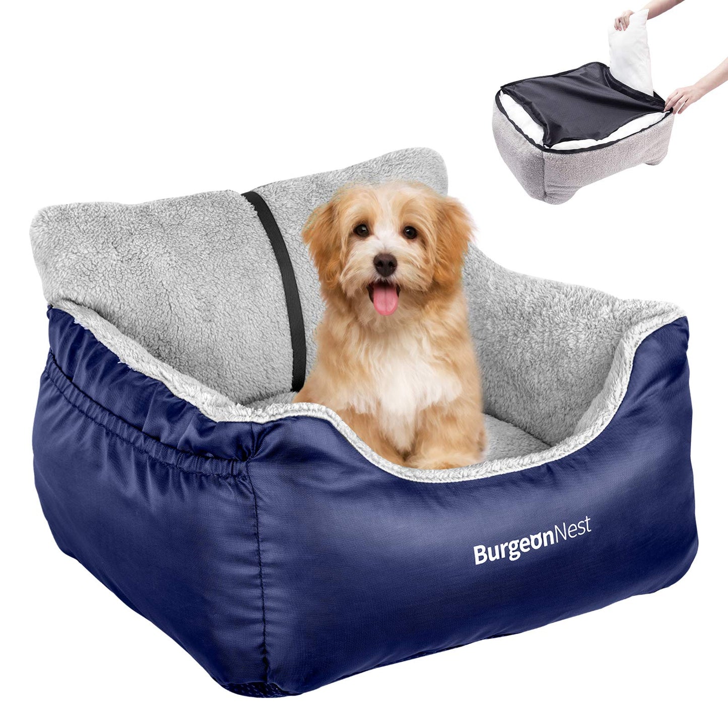 BurgeonNest Dog Car Seat for Small Dogs, Soft Pet Car Travel Home Bed Under 25 lbs, Fully Detachable and Washable Cat Booster Carseats with Storage Pockets and Clip-On Leash Portable Carrier,Black