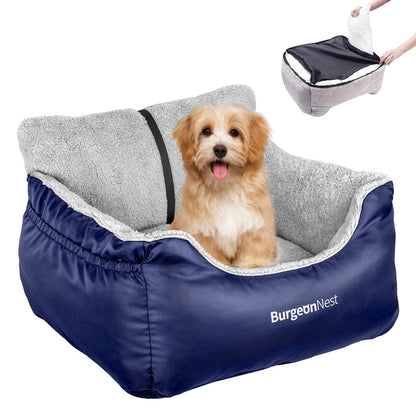 BurgeonNest Dog Car Seat for Small Dogs, Soft Pet Car Travel Home Bed Under 25 lbs, Fully Detachable and Washable Cat Booster Carseats with Storage Pockets and Clip-On Leash Portable Carrier,Black