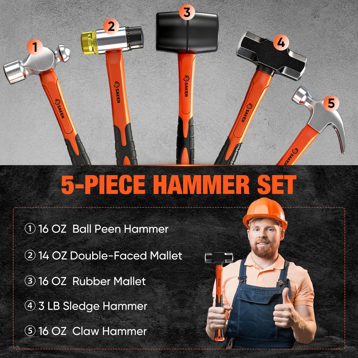 Saker 5-Piece Hammer Set,3lb Sledge Hammer,16oz Rubber Mallet, 16oz Ball Peen Hammer & Claw Hammer, 7oz Cross Peen Hammer for Home Repair & DIY Projects